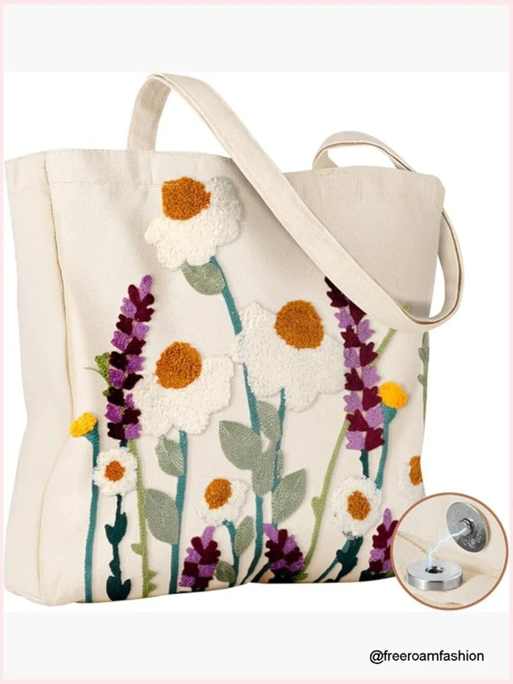 Canvas Tote Bag with Embroidery, Reusable Shoulder Bag for Shopping Work